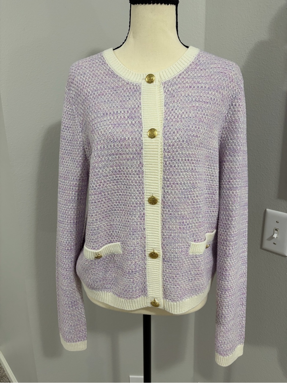 Cream-Trim Lavender Knit Lady Cardigan